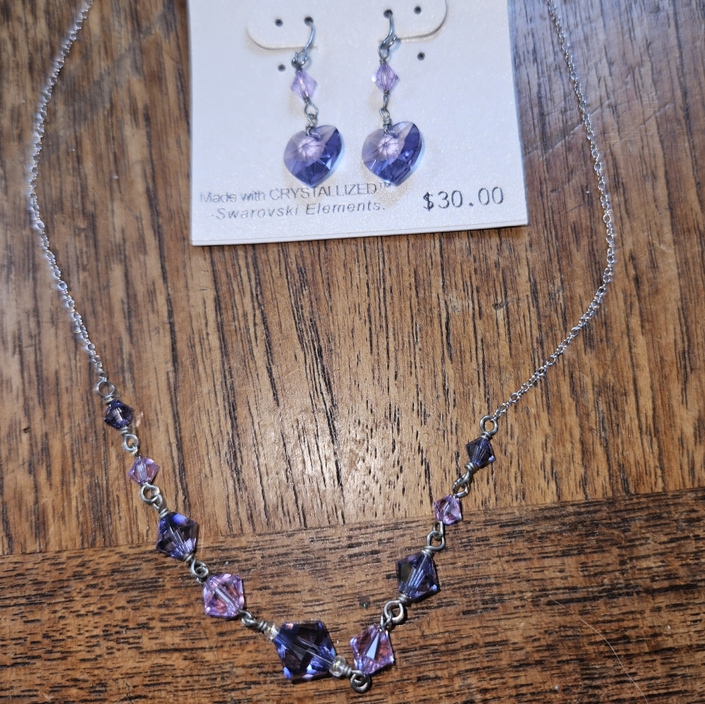 Sterling Silver & Crystallized Swarovski Purple Necklace & Dangle Earrings Set